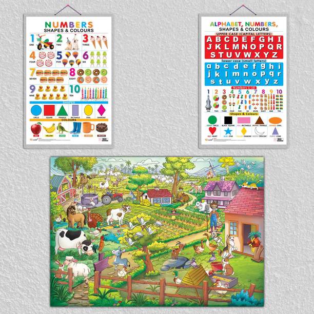GIANT AT THE FARM COLOURING POSTER, Numbers, Shapes & Colours and Alphabet, Numbers, Shapes & Colours|set of 1 colouring poster and 2 hard laminated charts|Farm-Themed Learning with Numbers, Shapes, and Alphabet chart Paper Print