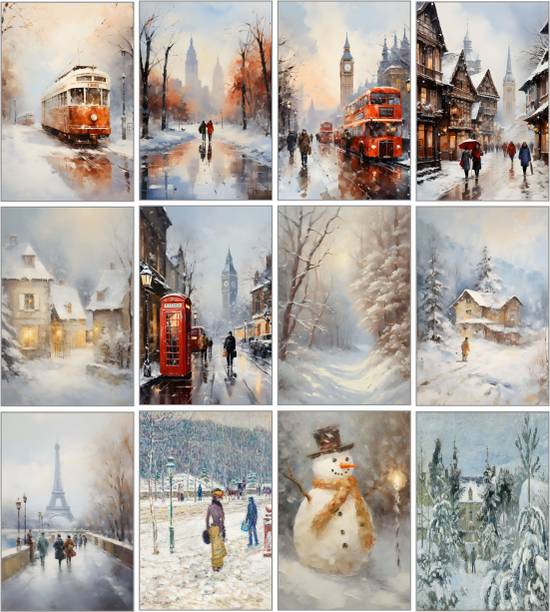 “European Winter City Wall Art Set of 12 | Snowy London, Paris & Village Paintings | Cozy Christmas & Holiday Home Décor | Rustic Cabin & Vintage Travel Wall Prints | Perfect Winter Gift for Art Lovers” 3D Poster