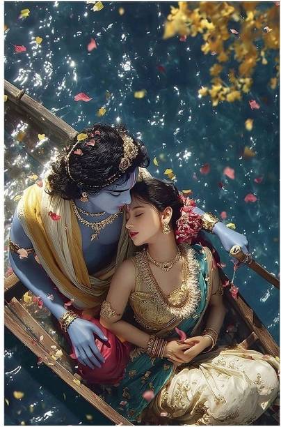 Lilac Horizon 29.5 cm Radha Krishna Sticker| A4 Radha Krishna on Boat Poster Home Decoration Self Adhesive Sticker