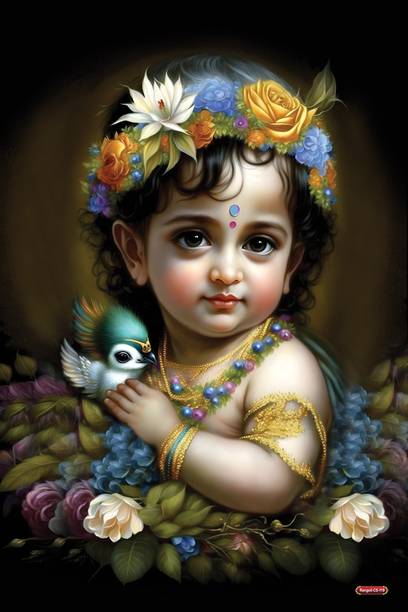Baby Krishna Self Adhesive Wall Poster 12x18 Inch Spiritual Wall Decor for Living Room Bedroom Office Pooja Room Hindu God Artwork Vinyl