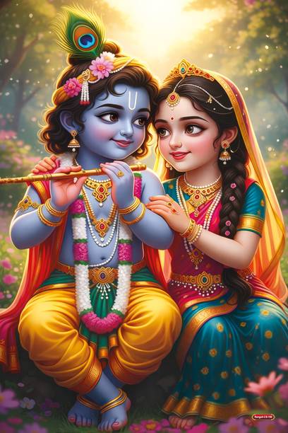 Radha Krishna Poster 12x18 Inch Self-Adhesive for Wall Decoration | Cute Radha Krishna Wall Art Print for Living Room Bedroom Temple Décor | Spiritual Krishna Wall Painting Vinyl