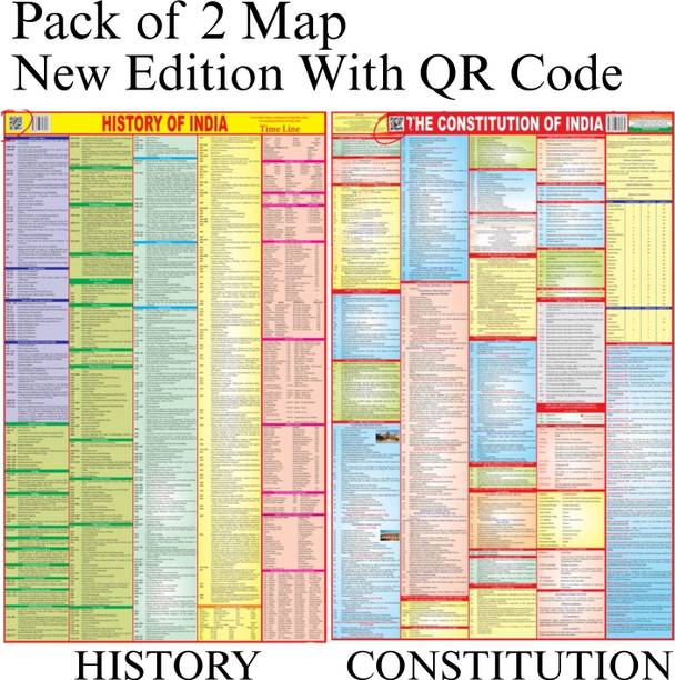 Pack of 2 Maps – History of India & Constitution of India English Map | 28x40 Inch / 70x100 cm | 90 GSM Thick Paper | Extra Quality Print | New Edition with QR Code | SSC, UPSC & Competitive Exam Study Material Paper Print