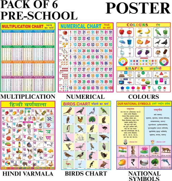Combo of 6 Chart | Our National Symbols, Birds, Hindi Varnmala, Colours, shapes, Multiplication & Numerical Chart For Kids | 20x30Inch (51x76cm)| Laminated chart | Waterproof and Non tearable Wall Chart. Paper Print. Paper Print