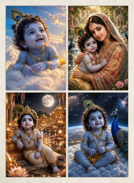 Baby Krishna Photo Posters for Pregnant Women, Cute Little Bal Gopal Poster For Room Wall Decoration (Pack of 4) Paper Print