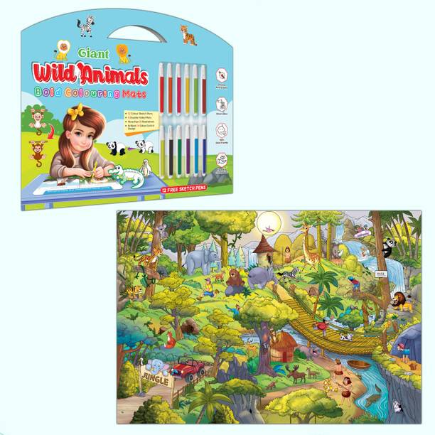 GIANT WILD ANIMALS BOLD COLOURING MATS and GIANT JUNGLE SAFARI COLOURING POSTER | Combo of 1 bold colouring mat with pen and 1 colouring poster | Giant Mats, Jungle Adventure. Paper Print