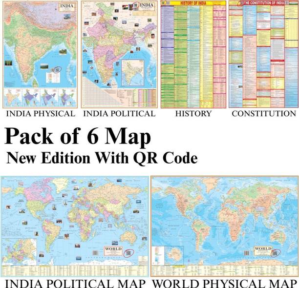(COMBO OF 6 MAPS/CHARTS) INDIAN Constitution Map & History of India Map With India & World Map (Both Political & Physical)| Set Of 6| Map Size (40 * 28) (23 * 36)|Paper Mint| Best Useful for UPSC, SSC, IES and other Competitive Exams. (All English Maps) Paper Print