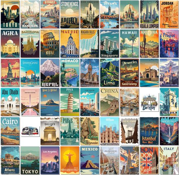 Vintage Travel Poster Set - 54 PCS, 4 x 6 cm World City Landmark Wall Decor for Bedroom, Dorm and Aesthetic Collage Walls Paper Print