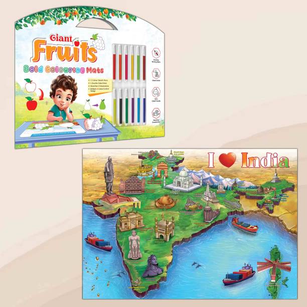 GIANT FRUITS BOLD COLOURING MATS and GIANT INDIA COLOURING POSTER | Combo of 1 bold colouring mat with pen and 1 colouring poster | Bold Fruits & India Paper Print