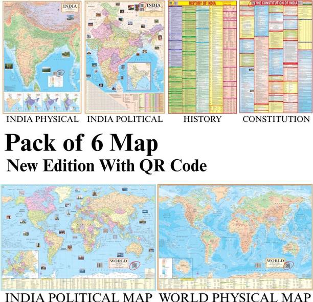 (COMBO OF 6 MAPS/CHARTS) INDIAN Constitution Map & History of India Map With India & World Map (Both Political & Physical)| Set Of 6| Map Size (40 * 28) (23 * 36)|Paper Mint| Best Useful for UPSC, SSC, IES and other Competitive Exams. (All English Maps) Paper Print