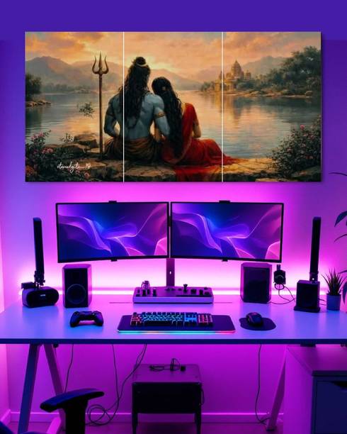 Shiva Shakti Sunset Scenery 3-Piece Canvas Art | High-Definition Spiritual Wall Decor for Living Room & Temple Photographic Paper