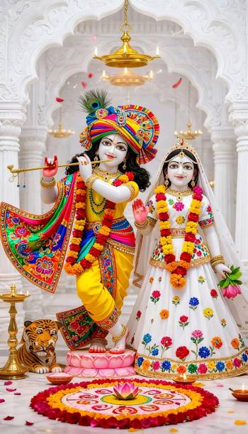 Radha Krishna Marble Idol Style Wall Poster for Home Temple & Living Room Decor Vinyl