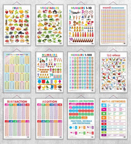 Fruits, Vegetables, Numbers 1-10, Numbers 1-100, Hindi Varnamala, Baarahkhadee, Multiplication Table 1-20, Numbers, Shapes & Colours, SUBTRACTION, ADDITION, NUMBERS AND FRACTIONS and MATHS KEYWORDS| combos of 12 hard laminated charts|Unlocking the Secrets of Numbers: The 12-Chart Experience Paper Print