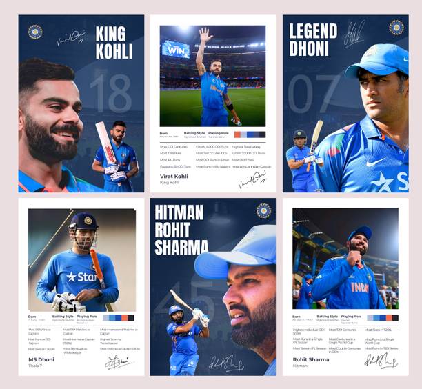 Indian Cricket Legends – Virat Kohli, MS Dhoni & Rohit Sharma Premium Poster Set | A4 Size (Set of 6) Paper Print