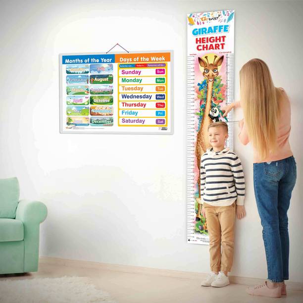 MONTHS OF THE YEAR AND DAYS OF THE WEEK CHART and GIRAFFE HEIGHT CHART | Set of 2 charts 1 Educational + 1 Height Chart | Exploring the Calendar & Height Chart Combo for Kids Paper Print