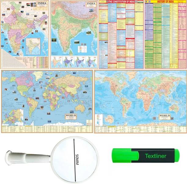 (COMBO OF 6 MAPS/CHARTS WITH COMPLIMENTARY HIGHLIGHTER & MAGNIFYING GLASS) INDIAN Constitution Map & History of India Map With India & World Map (Both Political & Physical)| Set Of 6| Map Size (28 * 40 Inch) (23 * 36 Inch)| Paper Mint| Complimentary Highlighter & Magnifying Glass| Best Useful for UPSC, SSC, IES and other Competitive Exams. (All English Maps) Paper Print. Paper Print