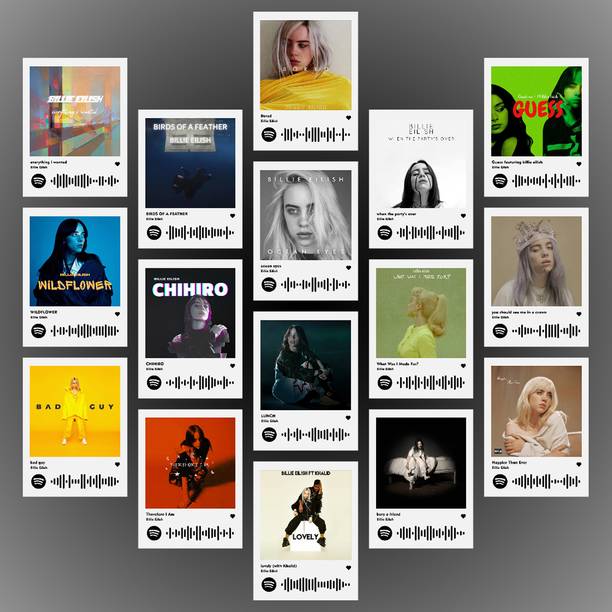 Billie Eilish Photocards | Billie Eilish Songs Mini Poster Kit (Set of 16) | Billie Eilish Lovely, Bad Guy, Everything I Want Songs Size (8 x 6 cm) Posters for Phone Accessories, Bedroom, Office, room decoration Photographic Paper