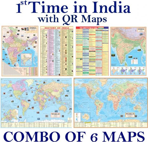 (COMBO OF 6 MAPS/CHARTS) INDIAN Constitution Map & History of India Map With India & World Map (Both Political & Physical)| Set Of 6| Map Size (40 * 28) (23 * 36)|Paper Mint| Best Useful for UPSC, SSC, IES and other Competitive Exams. (All English Maps) Paper Print