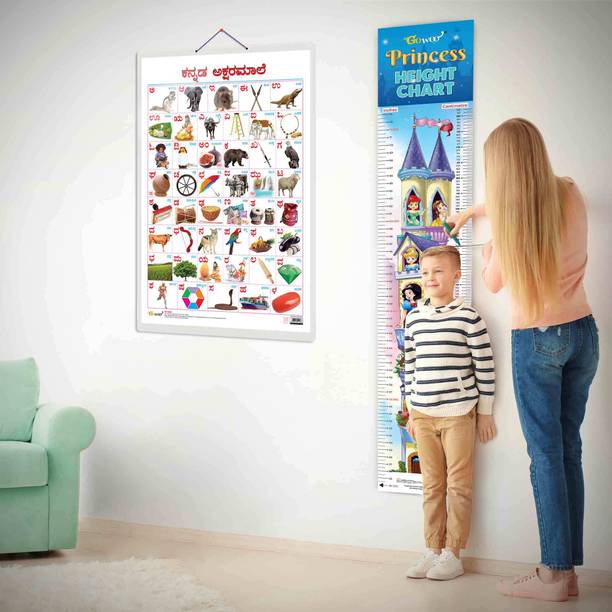 Kannada Alphabet and PRINCESS HEIGHT CHART | Set of 2 chart | Discovering Kannada ABCs & Height Chart Combo for kids Paper Print