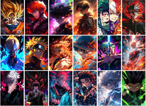 Anime Universe pack of 18 Anime Aesthetic Wall Collage Kit Posters Featuring Naruto, One Piece, Jujutsu Kaisen, Demon Slayer, Chainsaw, and More Paper Print