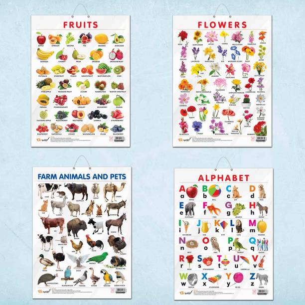 ALPHABET CHART GLOSS LAMINATED, FRUITS CHART GLOSS LAMINATED, FLOWERS CHART GLOSS LAMINATED, and FARM ANIMALS AND PETS CHART GLOSS LAMINATED |combo of 4 charts |Interactive Learning Delights: Gloss-Laminated Wonders Paper Print