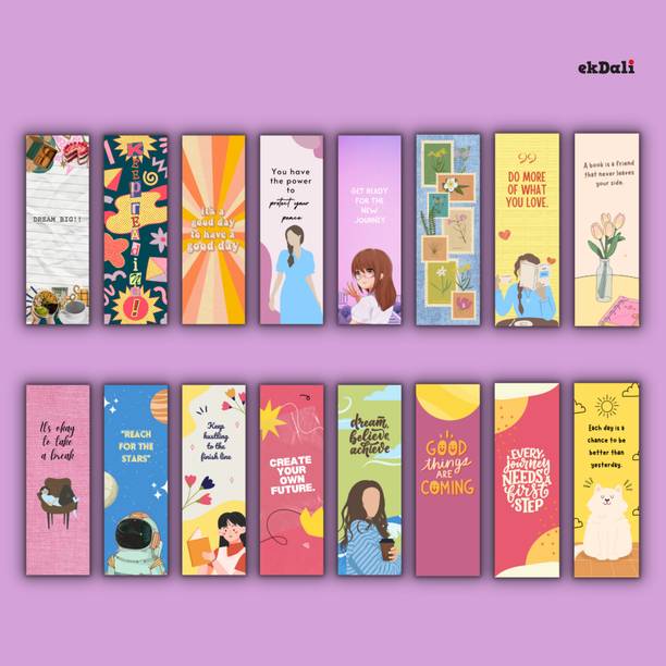 16 Unique Bright Design Bookmarks – 2x6 Inches – 350 GSM Thick Paper – Encouraging & Vintage Book Lover Gifts for Women, Men, and Teens Paper Print