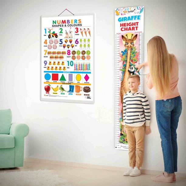 Numbers, Shapes & Colours and GIRAFFE HEIGHT CHART | Set of 2 chart | A kids Combo Pack of Learning Basic Maths & Measuring Height Paper Print