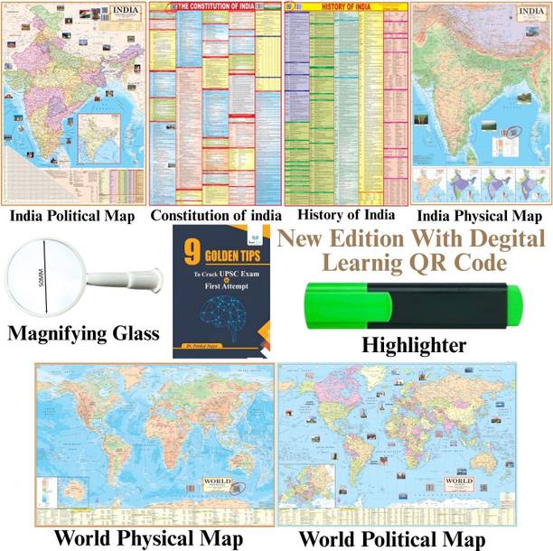 Pack of 6 Premium Wall Maps – India Political, India Physical, World Political, World Physical, History of India, Constitution of India, Highlighter, Magnifying Glass & 9 Golden Tips Booklet – English Medium 28x40 Inch (70x100 cm) – 90 GSM Thick Paper, Bright & Durable Print, QR Code Edition – Ideal for SSC, UPSC & Competitive Exam Preparation Paper Print