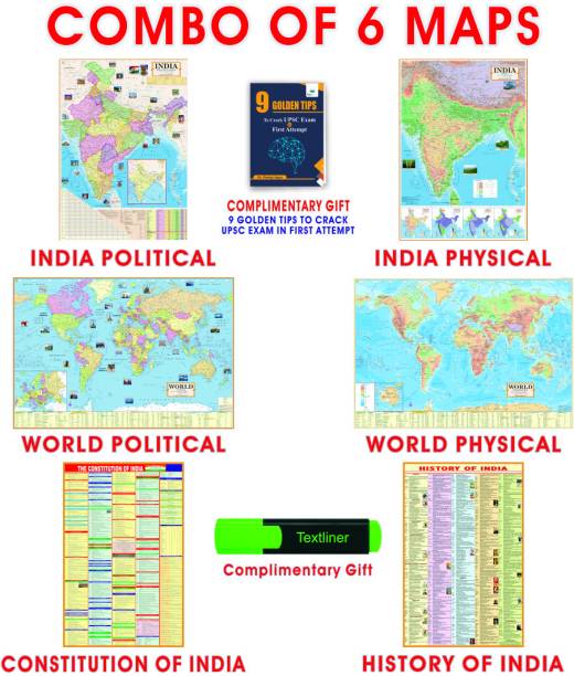 (COMBO OF 6 MAPS/CHARTS WITH COMPLIMENTARY GIFT) INDIAN Constitution Map & History of India Map With India & World Map (Both Political & Physical)| Set Of 6| Map Size (40 * 28) (23 * 36)|Paper Mint| Complimentary text liner| Best Useful for UPSC, SSC, IES and other Competitive Exams. (All English Maps) Paper Print Paper Print