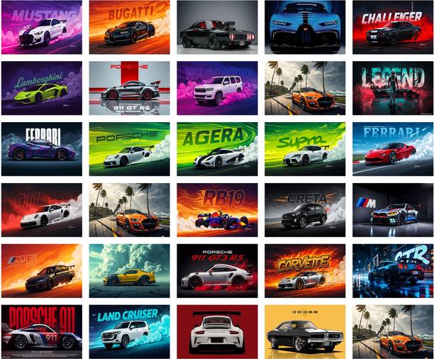 Pack of 30 Car Aesthetic Wall Collage Kit Posters | Posters for Wall Decoration | Wall Art For Bedroom, Office, Living room, Dorm room Photographic Paper -Gifting ideas- Photographic Paper (6 inch X 4 inch, set of 30 cars prints) Vinyl