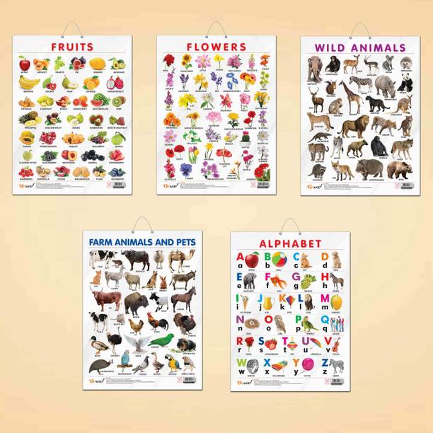 ALPHABET CHART GLOSS LAMINATED, FRUITS CHART GLOSS LAMINATED, FLOWERS CHART GLOSS LAMINATED, FARM ANIMALS AND PETS CHART GLOSS LAMINATED, and WILD ANIMALS CHART GLOSS LAMINATED | combo of 5 charts |Dynamic Learning Visuals Bundle Paper Print