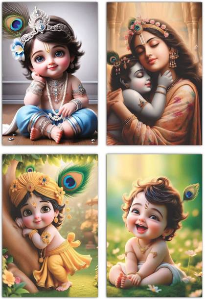 Lilac Horizon 59 cm Baby Krishna Wall Stickers Set of 4 |Cute Bal Krishna & Yashoda Art Prints Self Adhesive Sticker