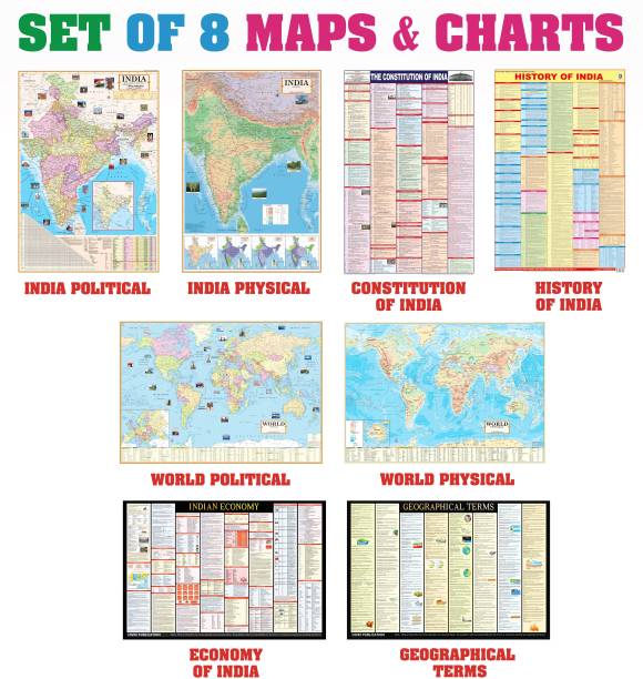India & World Map ( Both Political & Physical ) with Constitution of India , Indian History , Indian Economy & Geographical Terms Chart | Set Of 8 | Useful for UPSC and other competitive exam preparation | Fine Art Print