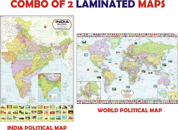 India Political Map & World Political Map Combo ( Pack of 2 ) - LAMINATED Photographic Paper