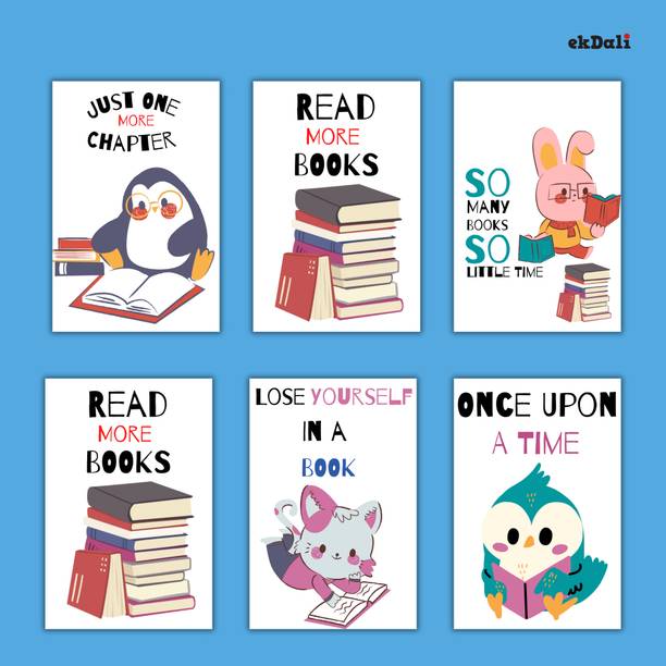 Set of 6 Animal-Inspired Bookworm Posters for Young Readers Paper Print