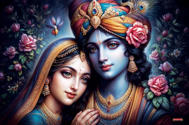 Radha Krishna Rose Garden Portrait Wall Art Self Adhesive 18x12 Poster | Divine Hindu God Spiritual Poster for Living Room Bedroom Temple Office | Religious Home Decor Gift Vinyl