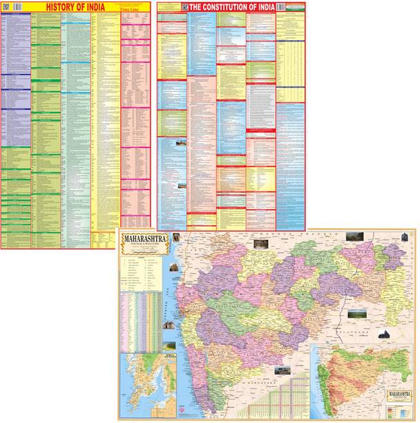 Combo of 3 Constitution, History & Maharashtra Map - Latest Edition | 80 GSM Maplithon Paper | Perfect for UPSC, SSC, PCS, Railway & Competitive Exams | 70x100 cm | Best Printed Quality Paper Print (40 inch X 28 inch, Folded) Paper Print