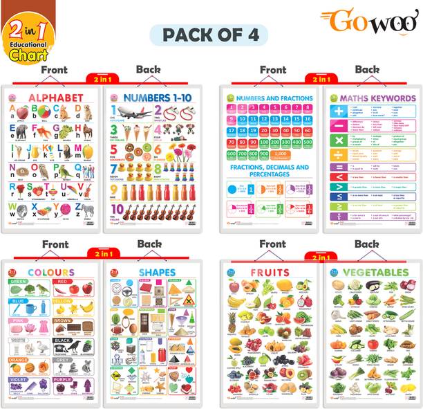 Set of 4 | 2 IN 1 ALPHABET AND NUMBER 1-10, 2 IN 1 NUMBER & FRACTIONS AND MATHS KEYWORDS, 2 IN 1 COLOURS AND SHAPES and 2 IN 1 FRUITS AND VEGETABLES Early Learning Educational Charts for Kids | 20"X30" inch |Non-Tearable and Waterproof | Double Sided Laminated | Perfect for Homeschooling, Kindergarten and Nursery Students Paper Print