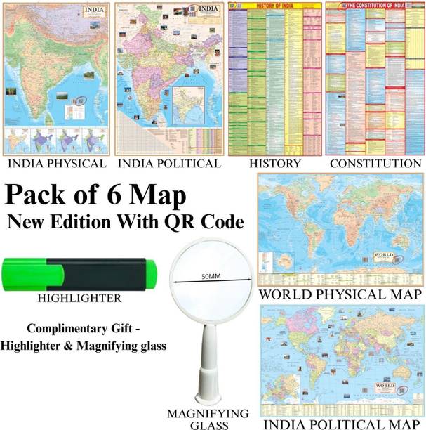 (COMBO OF 6 MAPS/CHARTS WITH COMPLIMENTARY HIGHLIGHTER & MAGNIFYING GLASS) INDIAN Constitution Map & History of India Map With India & World Map (Both Political & Physical)| Set Of 6| Map Size (28 * 40 Inch) (23 * 36 Inch)| Paper Mint| Complimentary Highlighter & Magnifying Glass| Best Useful for UPSC, SSC, IES and other Competitive Exams. (All English Maps) Paper Print. Paper Print