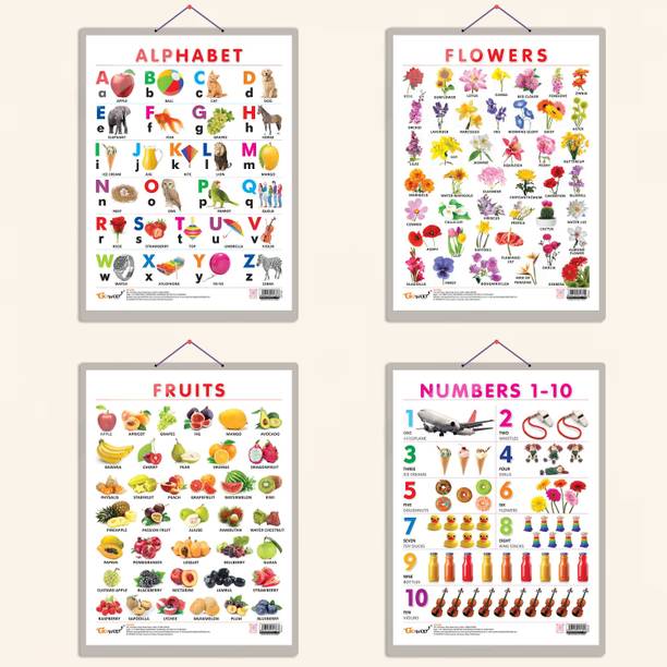 ALPHABET CHART HARD LAMINATED, FRUITS CHART HARD LAMINATED, FLOWERS CHART HARD LAMINATED, and NUMBER 1-10 CHART HARD LAMINATED | combo of 4 charts | Visual Exploration Trio for Young Minds Paper Print