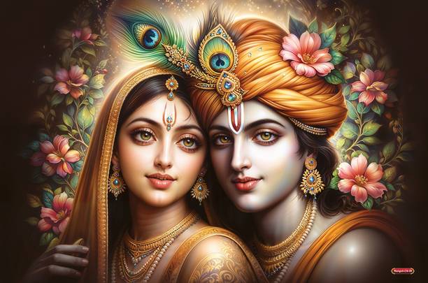 Radha Krishna Golden Floral Portrait Wall Art Self Adhesive 18x12 Poster | Divine Hindu God Spiritual Poster for Living Room Bedroom Temple Office | Religious Home Decor Gift Vinyl