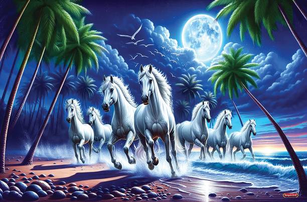 Running White Horses Moonlight Landscape Self-Adhesive Poster 18x12 Inch – Premium Nature & Horse Wall Decor Sticker Poster for Living Room, Bedroom, Office & Home Decoration Vinyl