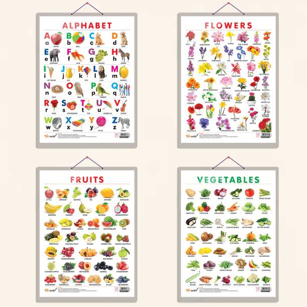 ALPHABET CHART HARD LAMINATED, FRUITS CHART HARD LAMINATED, FLOWERS CHART HARD LAMINATED, and VEGETABLE CHART HARD LAMINATED | combo of 4 charts | Vibrant Educational Bundle Paper Print