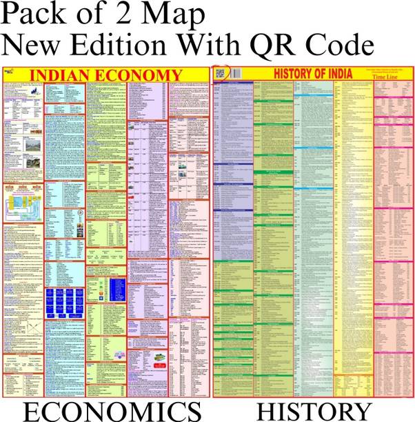 Pack of 2 Indian Economy & History of India English Maps 70x100 cm / 28x40 Inch | 90 GSM Thick Paper, Extra Quality Print, Soft Medium Size | New Edition with QR Code | SSC, UPSC & Competitive Exams Study Map Paper Print