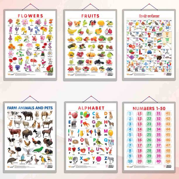 ALPHABET CHART HARD LAMINATED, FRUITS CHART HARD LAMINATED, FLOWERS CHART HARD LAMINATED, FARM ANIMALS AND PETS CHART HARD LAMINATED, HINDI VARNMALA CHART HARD LAMINATED, and NUMBER 1 -50 CHART HARD LAMINATED | combo of 6 charts |Visual Odyssey Educational Kit Paper Print
