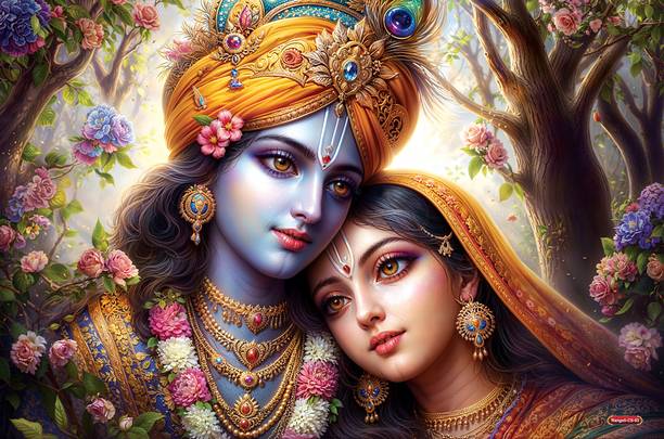 Radha Krishna Divine Love Wall Art Self Adhesive 18x12 Poster | Romantic Hindu God Spiritual Poster for Living Room Bedroom Temple Home Décor Vinyl