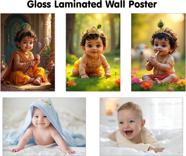 KRISHNA BABY POSTER - 4, 5, 6 and BABY POSTER - 3 and 4 (GLOSS LAMINATION) :- glossy Krishna child art print, laminated baby photo glossy wall print, pregnancy wellness poster | Pack of 5 baby posters Paper Print