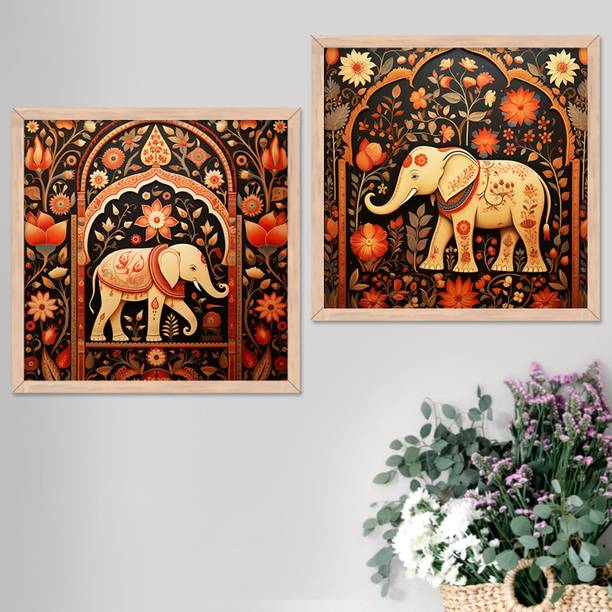Madhubani Art Paintings for Home Decor - Framed Cute Elephant Painting for Living Room Bedroom Office Room Decor - Poster for Wall Decoration - Pack of 2 Paper Print