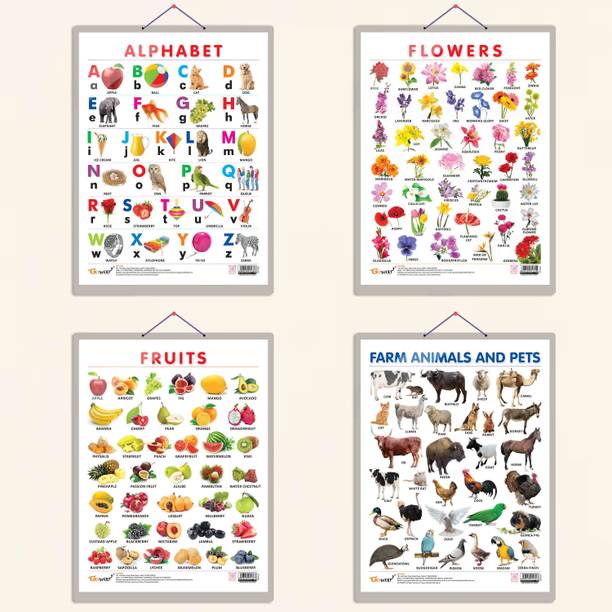 "ALPHABET CHART HARD LAMINATED, FRUITS CHART HARD LAMINATED, FLOWERS CHART HARD LAMINATED, and FARM ANIMALS AND PETS CHART HARD LAMINATED | combo of 4 charts | Educational Harmony in Nature and Language" Paper Print