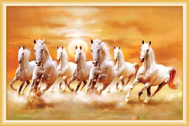 ''vastu Poster'' White 7 Horse vastu Painting, Wall Sticker, Wall Painting, Washable Vinyl Sticker Poster, Natural Sticker, Home Decor, Office Decor Photo, Wallpaper Paper Print (12 inch X 18 inch, rolled) Fine Art Print