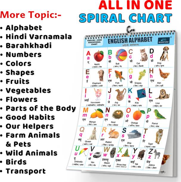 16 in 1 English Hindi Learning Charts for Kids | Educational Spiral Wall Charts with Big Letters & Realistic Pictures For Kids Paper Print